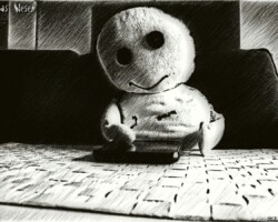 .: Handywesen :. Schwarz/weiß Artwork im Stil einer Bleistiftzeichnung. Das Wesen sitzt lächelnd an einem Tisch und tippt mit einer Pfote auf einen vor ihm liegenden Handy.