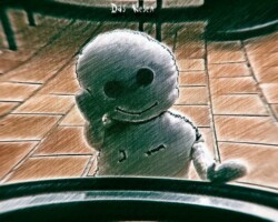 .: Phantasiekarussel :. Eine helle tonfarbige, grün, weiß grau gefärbte Photomanipulation. Hier steht das Wesen lächelnd vor der Glasbalkontüre. Eine Pfote als Blendschutz eingesetzt, die andere an die Glasscheibe gestützt. Das Bild ist in der Fisheye-Perpesktive aufgenommen, das somit eine Art Kreis - oder Karusellbwegung darstellen will.