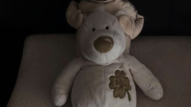 Das Wesen und Polsti liegen hintereinander auf dem Sofa. das Wesen (hinten) hält Polsti mit den Pfoten die Ohren zu.