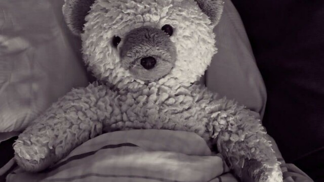 Schlafbär Ein Teddybär liegt bis zur Brust zugedeckt in einem Bett