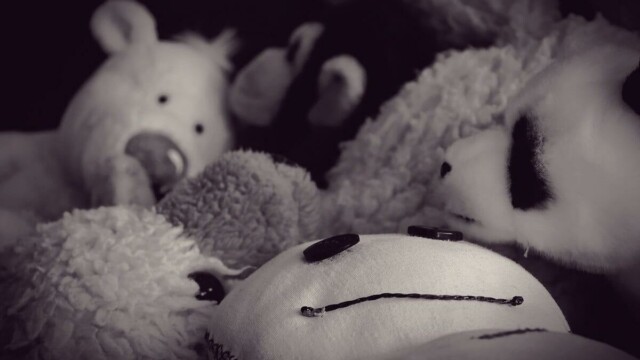 Kuschelbär Fynn der Teddy liegt inmitten von anderen Plüschtieren und dem Wesen zum kuscheln.