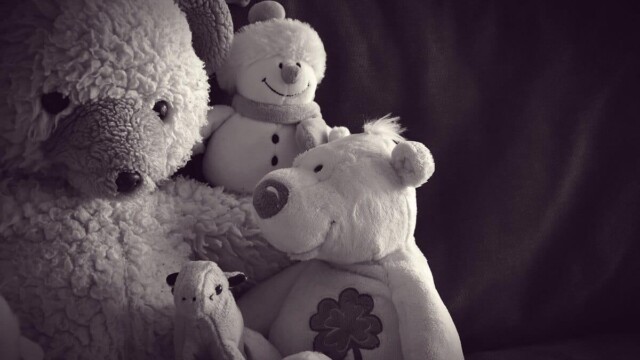 Noch ein Kuschelbär Der Teddy Fynn sitzt hier mit Polsti, einem kleinen Plüschbär, einem Schnnemann und einem kleinen Ochsen auf dem Polster. Von links schaut ein Pandabär ins Bild.