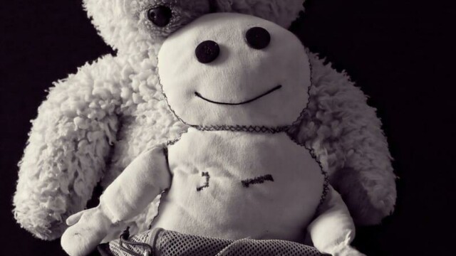 Rucksacktour in ein neues Zuhause! Ein Teddybär hinten und das Wesen vorne sitzen gemeinsam in einem Rucksack