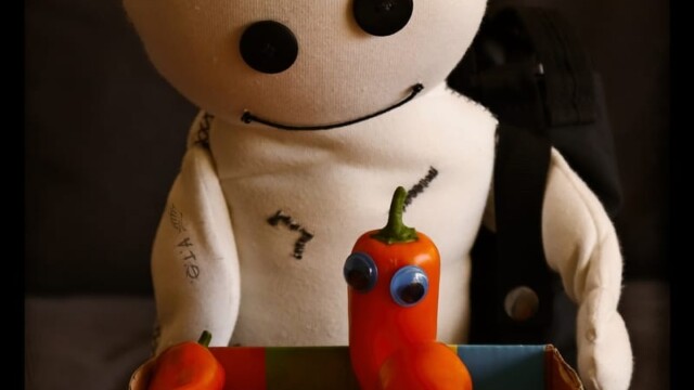 Das Wesen steht vor einer Schachtel mit Minipaprika am Tisch. Die Schachtel ist mit  4 lustigen schläfrigen Gesichtern bedruckt. Die größte, aus der Schachtel herausragenden Paprika hat Klebeaugen.