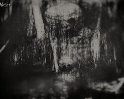 Artwork / Photomanipulation des Wesens. Hier sitzt es im Wald hinter kleinen Baum und Sträucherästen versteckt. Schwarz-weiß Bild. Hier ist das Bild in einer zweiten Version: Hinter dem kleinen vertecketen Wesen steht ein größeres Abbild dieses Wesens