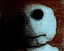 Ein düsteres Artwork/Photomanipulation des Wesens, das hier aufgrund einer Verzerrung im halb zu sehenden Gesicht kaum als Wesen zu erkennen ist. Es mutet sehr gruselig an, das duch den dunkelrot/schwarz/weiß/grau gefärbten Hintergrund verstärkt wird.