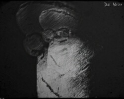 Monochromes Artwork/Photomanipulation des Wesens das hier in 2 verschiedenen Größen abgebildet ineinander verschmelzen. Das Hauptmotiv ist das Wesen das sich weinend beide Pfoten vor die Augen hält. Der triste, minimalistische und düstere Look des Bilds wird durch Schmutzanteile und ausgefranztem Rand verdeutlicht.