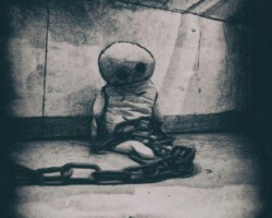Das Wesen sitzt zusammengekrümmt nach unten blickend auf dem Betonboden eines Kellerraums. Es ist in schweren Ketten gefesselt. Vor ihm eine helle Lache, einer undefierbaren Flüssigkeit. Das Artwork (Photomanipulation) ist in schwarz/weiß/grünlich und lila Farbschattierungen/Verläufen gehalten.