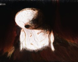 Artwork - Photomanipulation des Wesen das hier inmitten lodernden Flammen sitzt.  Bild in Schwarz/braun grau/weiß/ gelb/Rottönen.