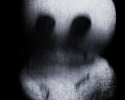 Artwork/Monochrom Photomanipulation des Wesens hier in einer geisterhaften Gestalt. Ein unglückliches Gesicht und vor dem Körper hochgehaltene Pfoten sind schemenhaft, verschwommen zu erkennen.